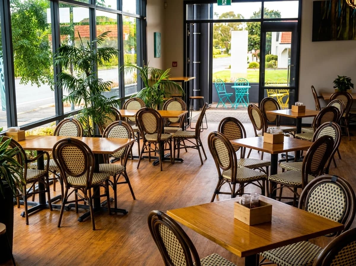 The same cafe interior after enhancement, warm light and rich timber floor